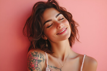 A close up of a woman's face with tattoos and her eyes closed