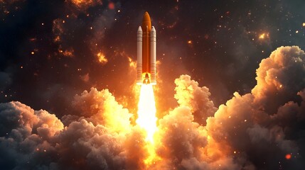 Poster - Powerful Rocket Spacecraft Lifting Off Into Vast Cosmic Space with Fiery Propulsion