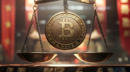 Poster - Powerful Chinese Yuan Coin Dominates Global Currency Landscape on Balancing Scale