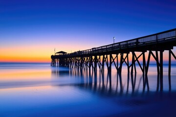 Sticker - Wilmington North Carolina. Sunrise at Johnnie Mercers Fishing Pier in Wrightsville Beach with Atlantic Ocean Background