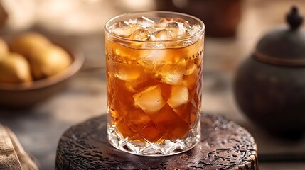 Aufkleber - Refreshing Bael Fruit Tea Served in a Traditional Glass with Ice Cubes