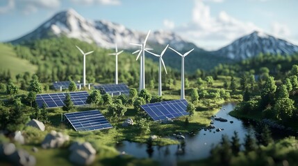 Aufkleber - Renewable Energy Concept with Wind Turbines and Solar Panels Generating Clean Electricity
