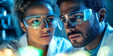 Wall Mural - Two scientists in a close-up shot discussing nanotechnology over a glowing digital interface in a state-of-the-art lab their serious expressions showing innovation