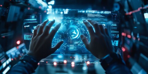 Wall Mural - A close-up of two hands manipulating a virtual reality interface in a futuristic research facility with high-tech equipment in the background