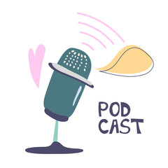 Media tool, mic and speech bubble doodle icon. Sound recording device, media equipment hand drawn isolated vector illustration. Microphone, broadcasting facilities. Podcast. Radio waves