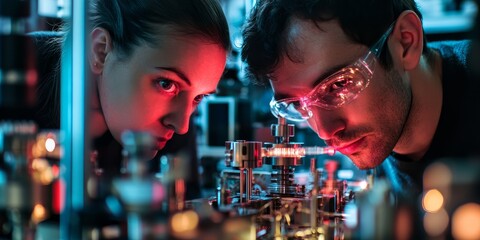 Wall Mural - Two engineers in a close-up shot fine-tuning a quantum computer in a cutting-edge lab their intense focus reflecting the high stakes of their work