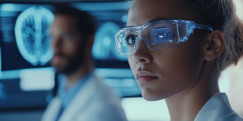 A close-up of two technicians testing advanced AI systems on sleek, modern computers in a high-tech control room serious and focused expressions