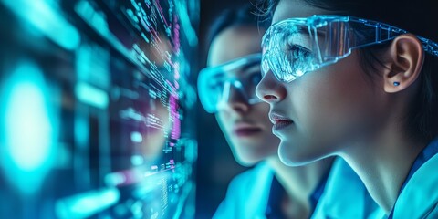 Wall Mural - Two scientists in a close-up shot analyzing data on a holographic display in a high-tech medical research facility their expressions showing deep concentration