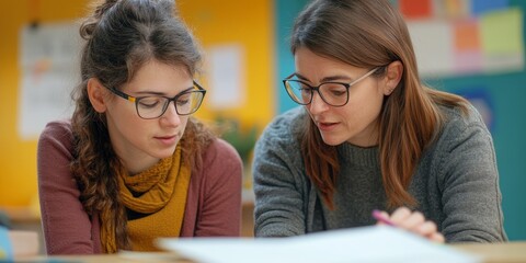 Aufkleber - Two educators in a close-up shot analyzing a student?s work with serious and thoughtful expressions as they collaborate in a colorful classroom