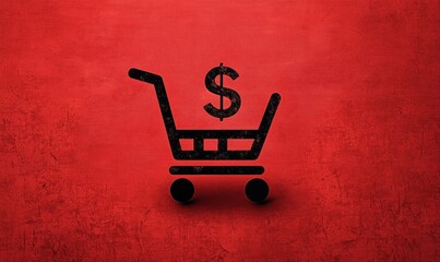 Poster - A black shopping cart with a dollar sign on it. The cart is on a red background