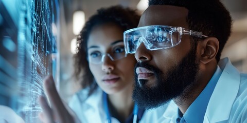 Wall Mural - Two scientists in a close-up shot analyzing data on a holographic display in a high-tech medical research facility their expressions showing deep concentration