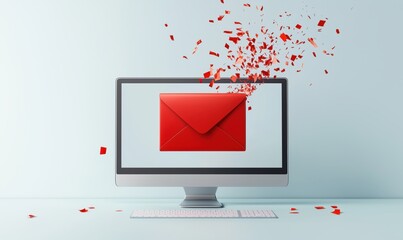 Aufkleber - A computer monitor shows a red envelope with a red background. The envelope is surrounded by red confetti, giving the impression of a celebratory event. Concept of excitement and joy