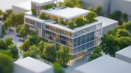 Leinwandbilder - Sleek and Sustainable 3D Rendered Office Building with Glass Facades and Green Spaces