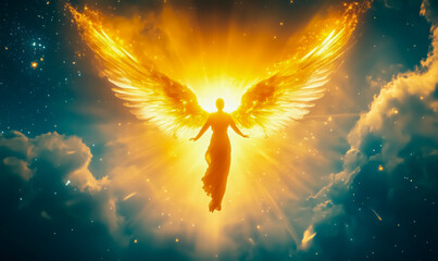 A golden angel is flying in the sky with a bright light shining on it. Concept of hope and positivity, as the angel is often associated with good fortune and protection