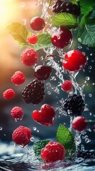 Wall Mural - Fresh berries and cherries splash in water with mint leaves at sunset