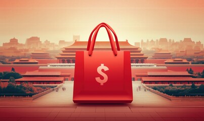 Aufkleber - a red shopping bag with a dollar sign on it. the bag is placed in front of a city with a lot of buil