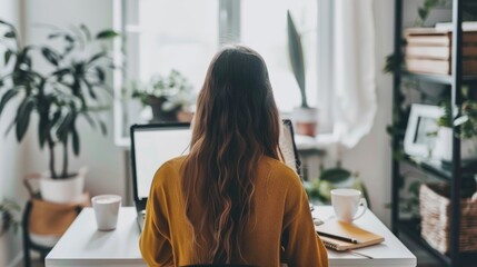 Poster - Young woman multitasking with notebook and white screen laptop