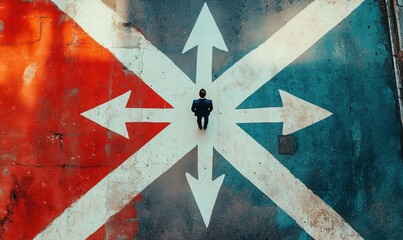Poster - A man stands in the middle of a crosswalk with four arrows pointing in different directions. Concept of uncertainty and indecision, as the man is faced with multiple choices