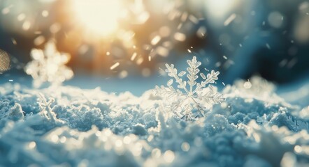 Wall Mural - Snowflakes Glistening on Fresh Snow During Sunset in Winter Wonderland