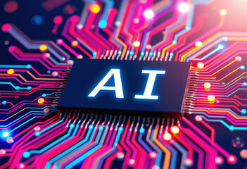 Poster - AI word on microchip and colorful light spread with strong beam , AI concept