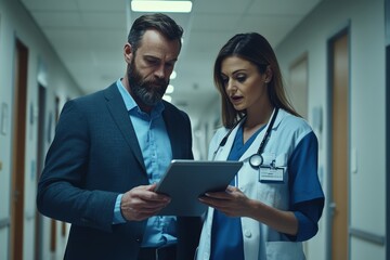 two healthcare workers evaluate patient information on a digital tablet