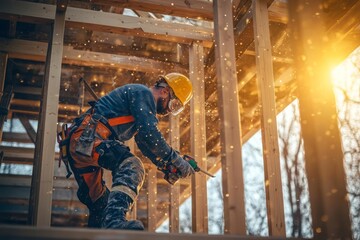 Construction worker assembling the frame of a house, using power tools and wearing safety gear