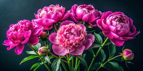 fuchsia peony blooms on black background, close up, five flowers, green stems, floral photography, p