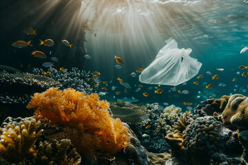 Wall Mural - Plastic Bag Pollution in a Vibrant Coral Reef