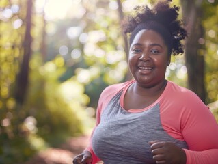 plump woman jogging in autumn park, close-up, realistic photo, banner, background