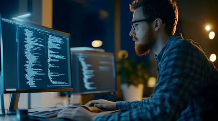 Canvas Print - A young man sits at his desk, focused on coding on his computer.