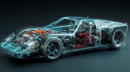 Aufkleber - Transparent Glass Car 3D Visualization Showcasing Mechanical Components