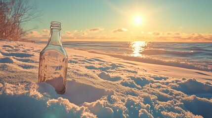 Wall Mural - a glass bottle rests in the snow by the lake during sunset with golden skies reflecting on the water
