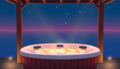 Wall Mural - autonomous hot tub or jacuzzi with hot water and evening lighting isolated with white highlights, png