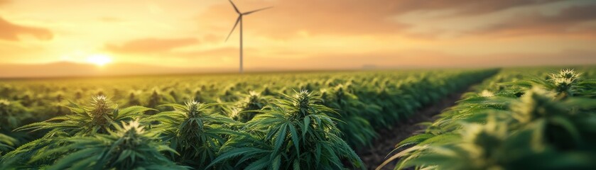 a vibrant field of cannabis plants stretches under a golden sunset, complemented by a wind turbine, 