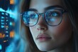 © InnovPixel - A close-up portrait of a young woman wearing glasses, focused on digital data displays, conveying intelligence and curiosity in a tech-oriented environment
