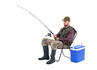 Sticker - Fisherman with rod and cooler box fishing on chair against white background