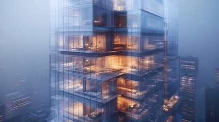 Poster - Transparent Glass Skyscraper with Visible Floors and Rooms in Futuristic Urban Cityscape