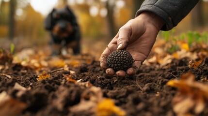 Hand picking truffle mushroom in forest. Autumn nature and outdoor activity concept. Image for culinary blogs, hiking guides, and seasonal content. 