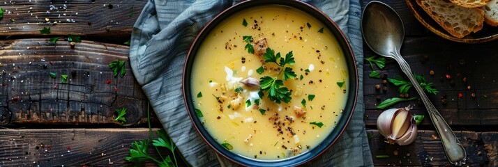 Sticker - Top view of traditional chicken soup with cream and garlic