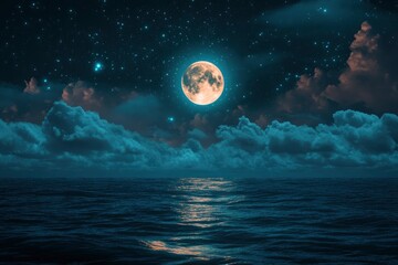 Romantic Moon With Clouds And Starry Sky Over Sparkling Blue Water , ai