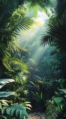 Wall Mural - Lush Tropical Rainforest with Sunlight Breaking Through Foliage