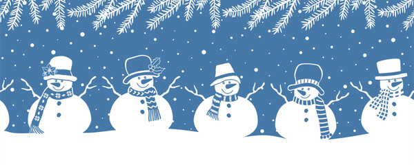 Wall Mural - Snowmen Have Fun in Winter Holidays. Seamless Border. Christmas Background. Different Snowmen in Winter Clothes under Fir Tree Branches, Snowfall. Greeting Card Template. Vector Image in Blue White