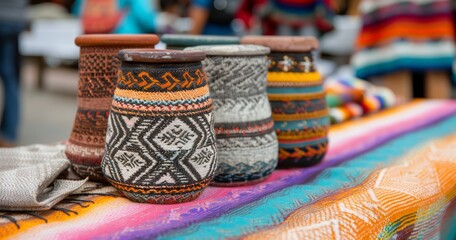 Wall Mural - Handcrafted Colorful Pottery Displayed at Local Market in a Vibrant Artisan Town