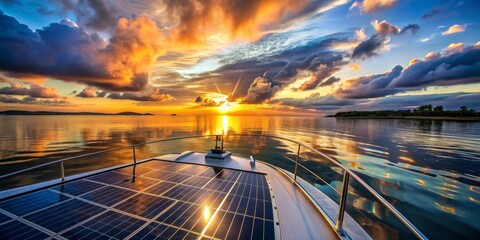 Wall Mural - Solar Powered Yacht at Sunset, Golden Hour, Seascape, Boat, Ocean, Water, Sun