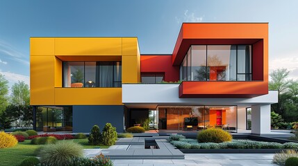 Poster - Contemporary architecture showcasing a colorful, sleek exterior with uncomplicated lines and modern design features, offering a vibrant and appealing look. high resolution Illustration, in the style