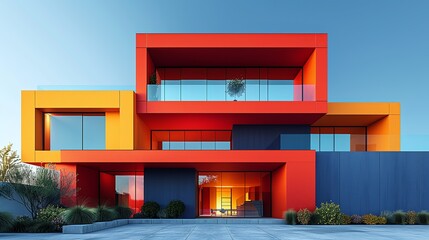 Poster - Vibrant contemporary building exterior featuring bright colors and clean uncomplicated lines combining modern architectural design with aesthetic elegance. high resolution Illustration in the style