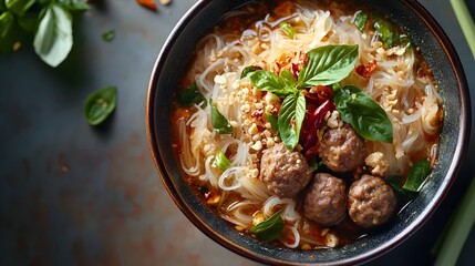 Vibrant Bowl of Flavorful Thai Boat Noodle Soup with Meat and Herbs