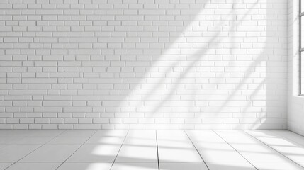 Canvas Print - White brick wall and wooden floor with a shadow pattern from a window