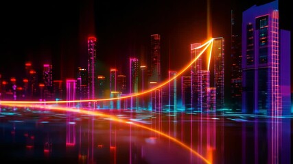Poster - Futuristic Technicolor Stock Market Growth Arrow in Vibrant Neon Cityscape at Night, Illustrating Business and Technology Trends