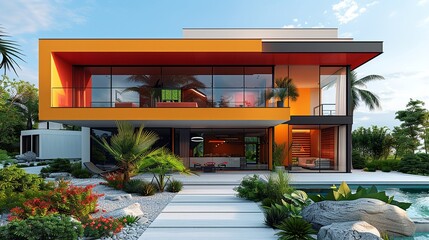 Poster - Vibrant architectural design showcasing a colorful, sleek exterior with clean lines and modern elements, offering a visually appealing and straightforward aesthetic. high resolution Illustration, in